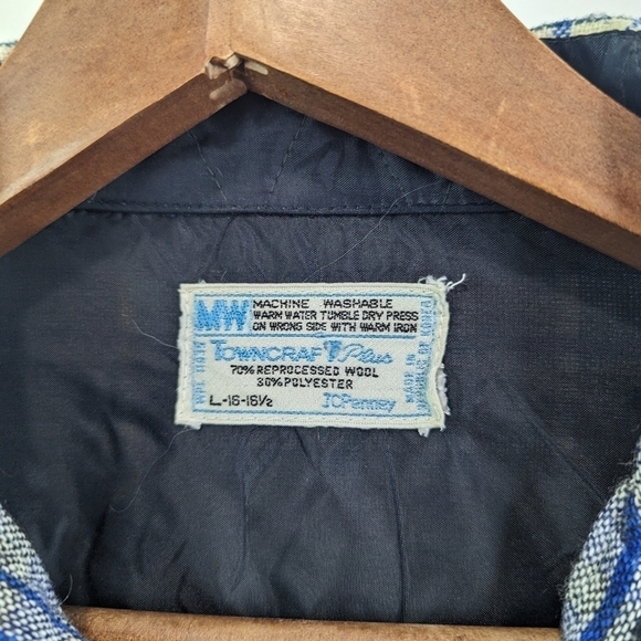 JC Penney Vintage Wool Button Up Shirt Size Large Men 70s Flannel Black Blue - Picture 3 of 12